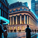 **

A futuristic cityscape blending traditional bank buildings with glowing digital networks. In the foreground, diverse people are using smartphones with a CBDC logo, making transactions seamlessly. This represents the evolution of central banking and the accessibility of digital currency.

**