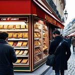 **Prompt:** A bustling Parisian marketplace scene, but instead of cash, people are using smartphones to pay with a digital currency. Focus on the e-CNY app interface on the phones. Juxtapose the modern technology with the classic French market setting.