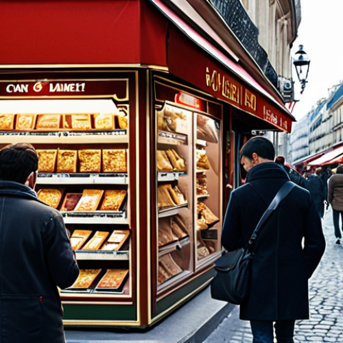 **Prompt:** A bustling Parisian marketplace scene, but instead of cash, people are using smartphones to pay with a digital currency. Focus on the e-CNY app interface on the phones. Juxtapose the modern technology with the classic French market setting.
