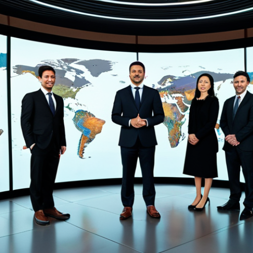 A diverse group of international financial professionals, men and women, representing various ethnicities, dressed in elegant, modest business suits and professional attire. They are standing in a sleek, futuristic global financial hub with large holographic displays showing interconnected digital currency flows and a world map. The setting evokes innovation and international collaboration for revolutionizing cross-border payments. Professional photography, high resolution, detailed, vibrant colors, perfect anatomy, correct proportions, natural pose, well-formed hands, proper finger count, natural body proportions, safe for work, appropriate content, fully clothed, professional dress, modest clothing, family-friendly.