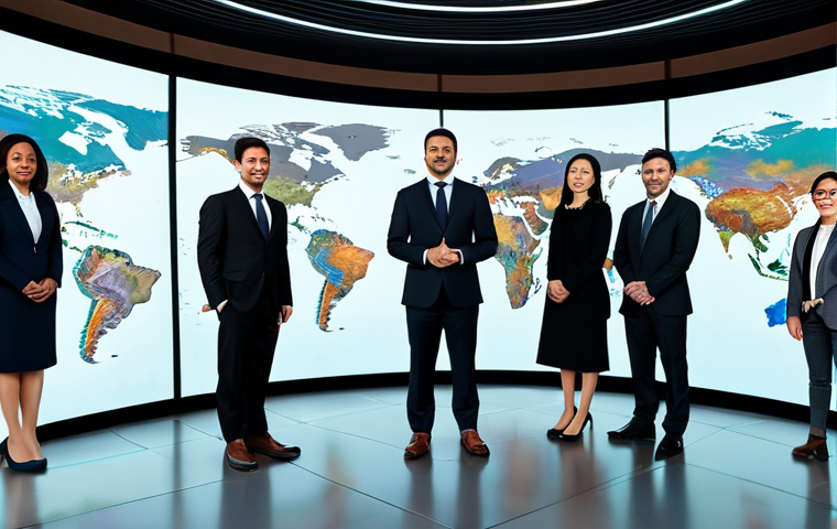 A diverse group of international financial professionals, men and women, representing various ethnicities, dressed in elegant, modest business suits and professional attire. They are standing in a sleek, futuristic global financial hub with large holographic displays showing interconnected digital currency flows and a world map. The setting evokes innovation and international collaboration for revolutionizing cross-border payments. Professional photography, high resolution, detailed, vibrant colors, perfect anatomy, correct proportions, natural pose, well-formed hands, proper finger count, natural body proportions, safe for work, appropriate content, fully clothed, professional dress, modest clothing, family-friendly.