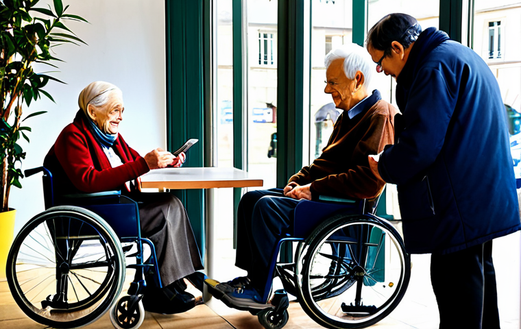 Financial Inclusion**

A diverse group of fully clothed people (elderly, disabled person in a wheelchair, young adult) learning to use a mobile banking app at a community center in Paris. Modest clothing, appropriate attire. Warm, inviting atmosphere. Safe for work. High quality, professional photography, perfect anatomy, correct proportions, natural pose, well-formed hands, proper finger count. Family-friendly, safe for work, appropriate content.

**