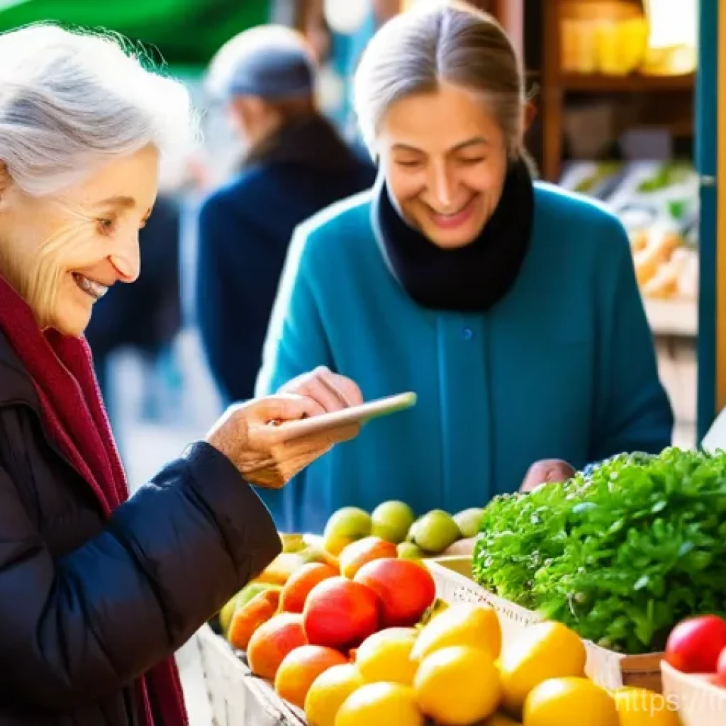 CBDC가 금융 포용성에 미치는 영향 - **Prompt:** A diverse group of people in a vibrant French street market, spanning generations and ba...