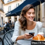 CBDC의 경제적 충격 완화 전략 - **Prompt:** A young, elegantly dressed woman in her late 20s is enjoying a coffee and croissant at a...