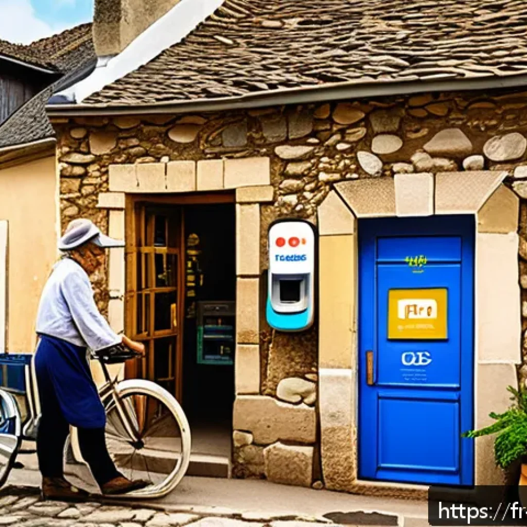 CBDC의 사회적 기여와 공공성 - A vibrant small French village scene illustrating financial inclusion through CBDC technology: elder...
