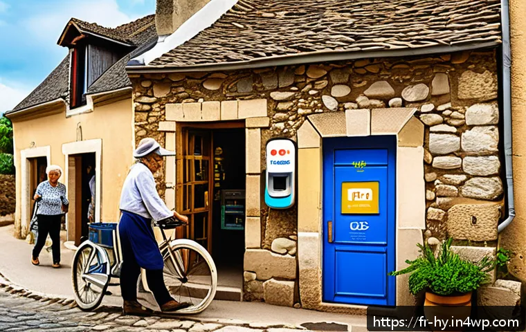 CBDC의 사회적 기여와 공공성 - A vibrant small French village scene illustrating financial inclusion through CBDC technology: elder...