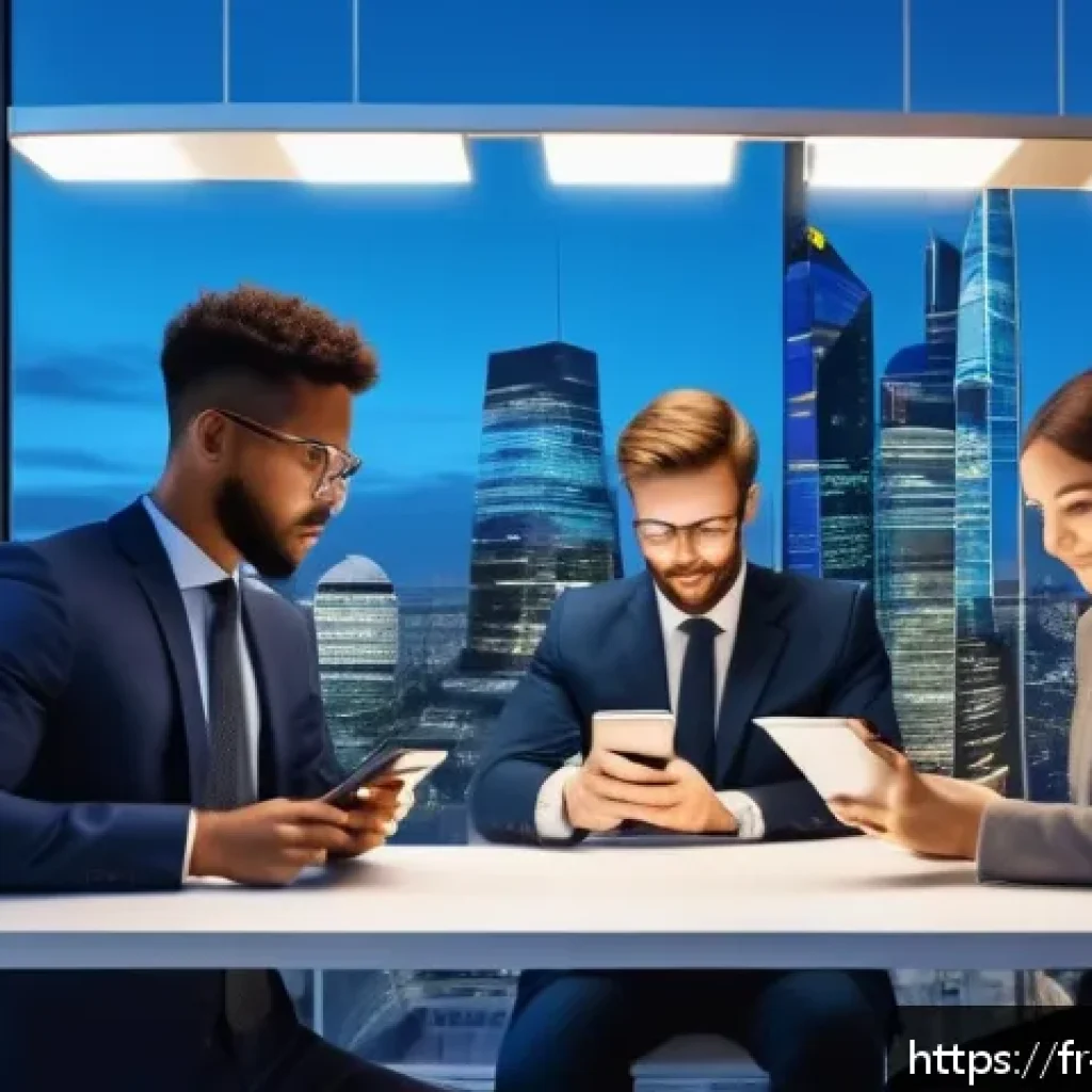 CBDC의 고객 서비스 향상 방안 - A futuristic European cityscape at dusk, showing a diverse group of small business owners and freela...