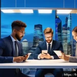 CBDC의 고객 서비스 향상 방안 - A futuristic European cityscape at dusk, showing a diverse group of small business owners and freela...