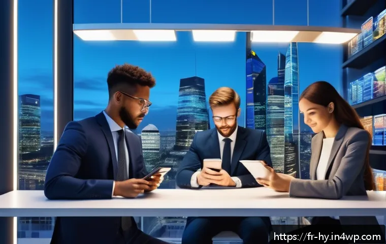 CBDC의 고객 서비스 향상 방안 - A futuristic European cityscape at dusk, showing a diverse group of small business owners and freela...