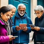 CBDC의 금융 교육과 시민 인식 제고 - A modern French urban scene depicting a diverse group of people from different generations—seniors a...