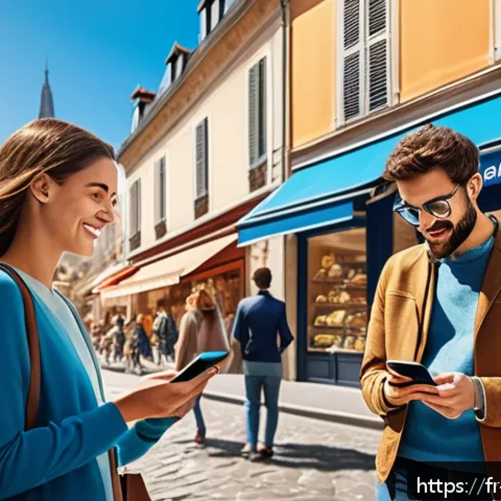 CBDC와 디지털 통화의 경쟁력 - A modern French urban marketplace scene showcasing diverse people using digital payment methods with...