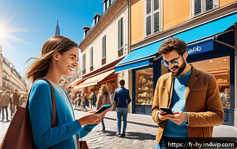 CBDC와 디지털 통화의 경쟁력 - A modern French urban marketplace scene showcasing diverse people using digital payment methods with...