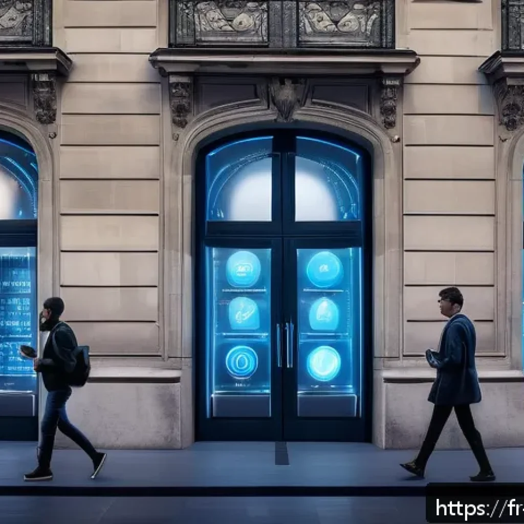 CBDC와 데이터 보호 관련 법률 - A futuristic digital banking interface scene set in Paris, showing a diverse group of French users i...