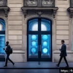 CBDC와 데이터 보호 관련 법률 - A futuristic digital banking interface scene set in Paris, showing a diverse group of French users i...