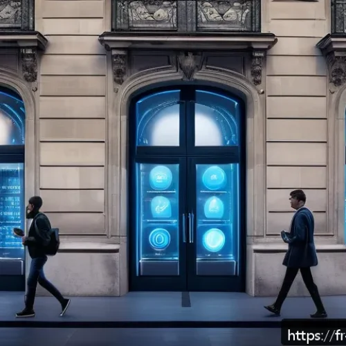 CBDC와 데이터 보호 관련 법률 - A futuristic digital banking interface scene set in Paris, showing a diverse group of French users i...