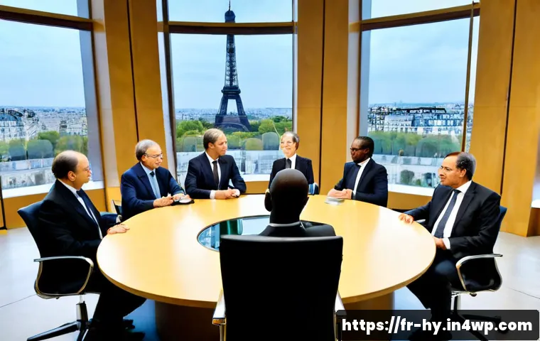 Home 17 CBDC의 발전을 위한 국제적 협력 방안 - Photorealistic international central bank collaboration meeting in a bright modern Paris conference ...